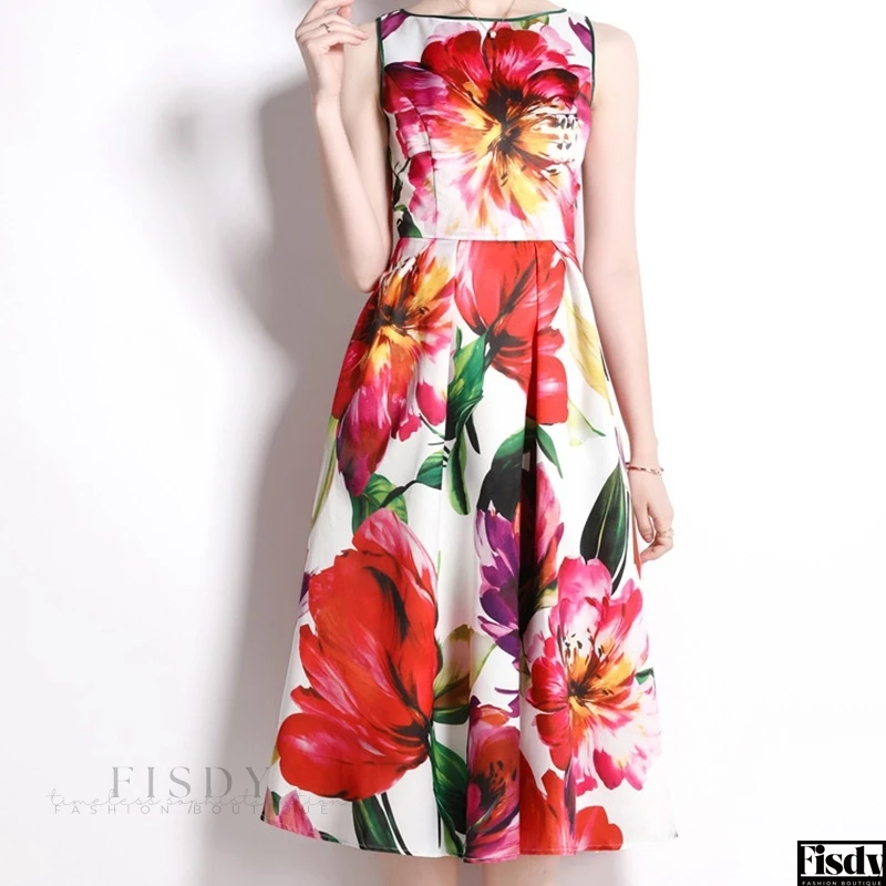 Fisdy – Elegant Regular Fit Square Neck Dress with Floral Design ...